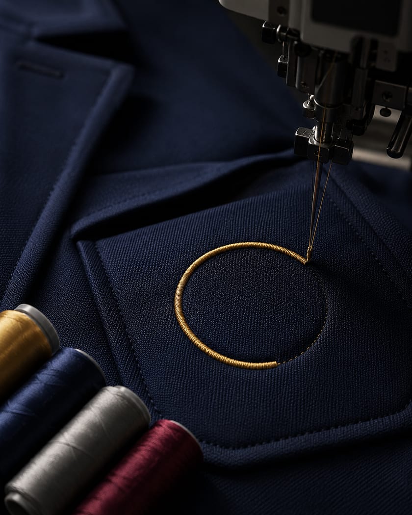 An embroidered school badge on a Trutex blazer