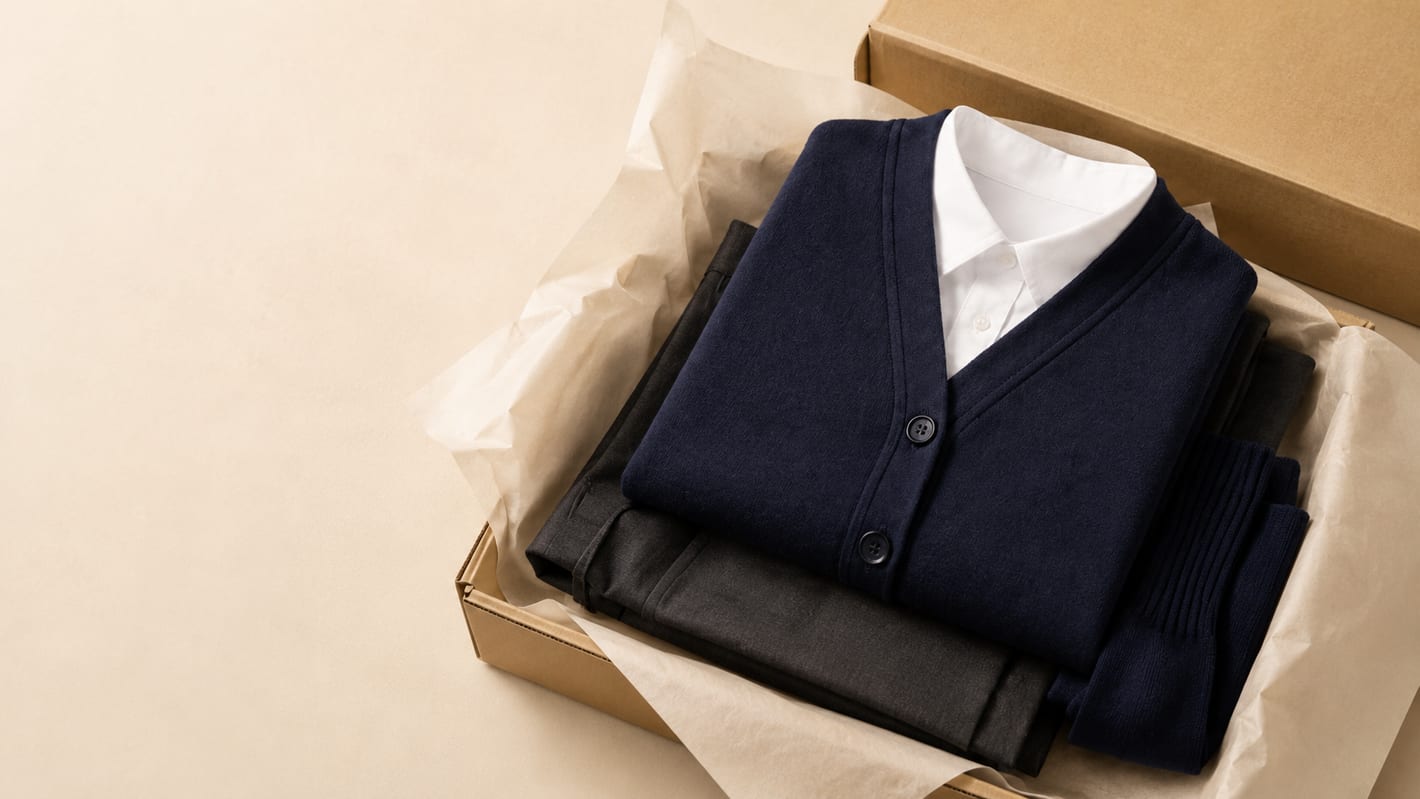 A folded Trutex cardigan and shirt packed in a delivery box