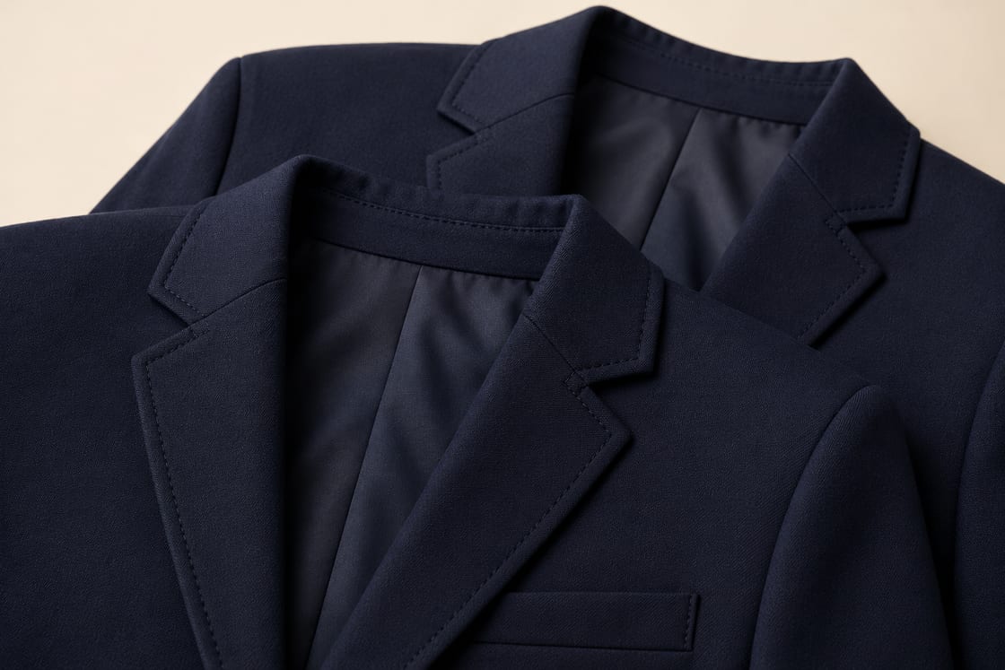 Close detail of a Trutex blazer collar and stitching