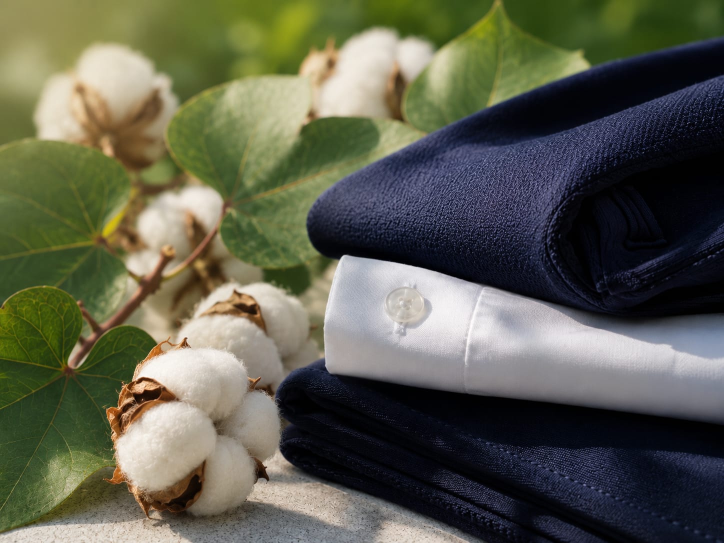 Folded Trutex garments beside cotton bolls